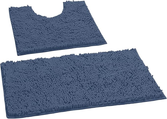 LuxUrux Bathroom Rugs Sets 2 Piece: Quick Dry, Soft Plush Anti-Slip, Super Absorbent. Includes Rectangular (31x20 inches) & U-Shaped Toilet Mat (20x20 inches) | Medium Blue