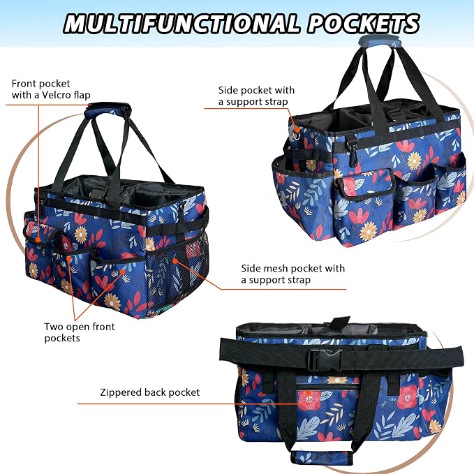 Cleaning Caddy Bag, Cleaning Caddy Organizer With Handle - Large Caddy Bag For House, Car, And Bathroom Cleaning Supplies, Housekeeping Handbag With Adjustable Shoulder Straps (Blue)