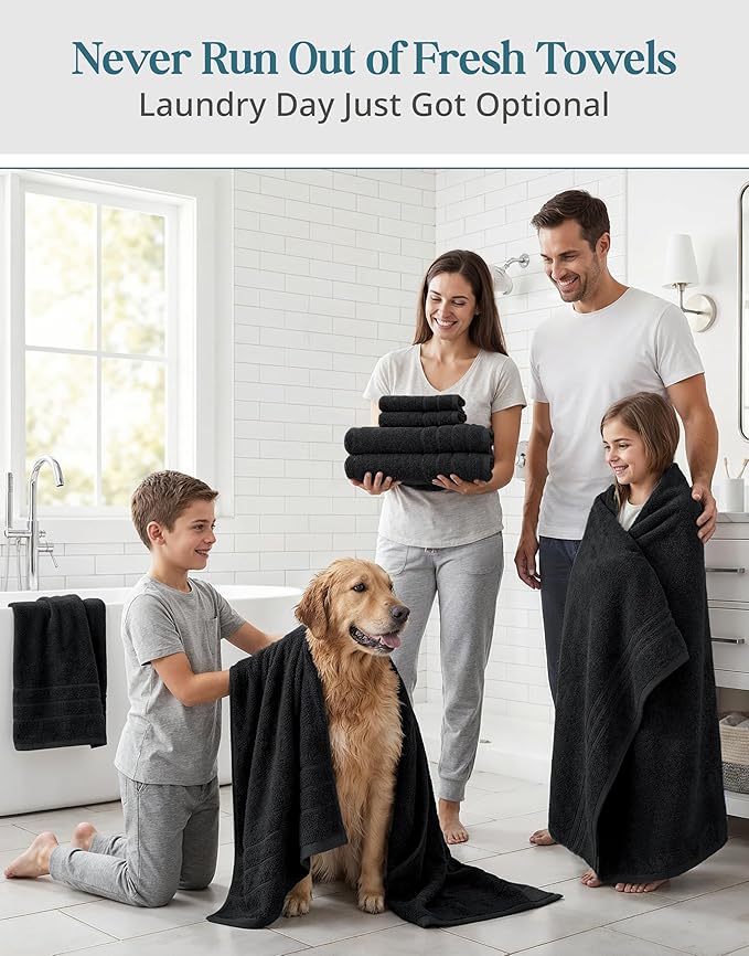 Casa Platino Towel Set for Bathroom Soft Absorbent Quick Dry - Black | Pack Of Towels - Dobby Border Accent, OEKO-TEX Certified, Ring-Spun Durability, Ring-Spun Cotton, Terry Weave Comfort