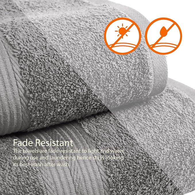 Amazon Basics 6-Piece Fade-Resistant 100% Cotton Towel Set for Bathroom, Soft and Absorbent, 2 Bath Towels, 2 Hand Towels, 2 Washcloths, Gray