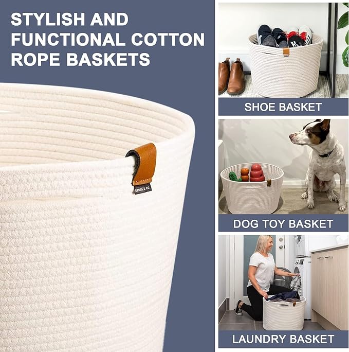 DENJA & CO Large Dog Toy Storage - White Woven Basket for Toys, Blankets, Pillows, or Laundry | Cotton Rope Basket (17.7" W x 11.4" T)