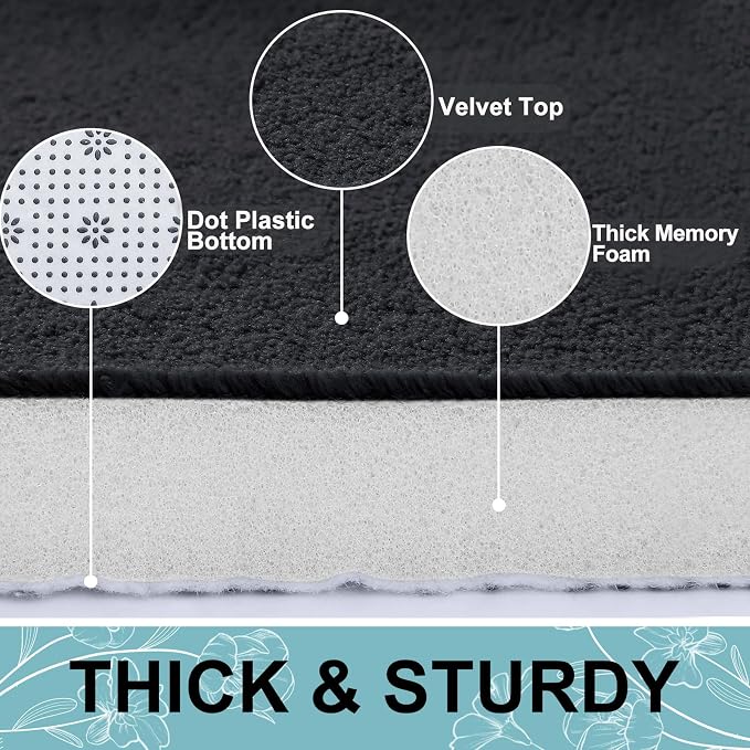 Smiry Memory Foam Bath Mat 24x16, Extra Soft and Absorbent Bathroom Rugs | Black, Quick Dry Machine Washable Non-Slip Bath Mat for Bathroom Floor, Shower and Tub