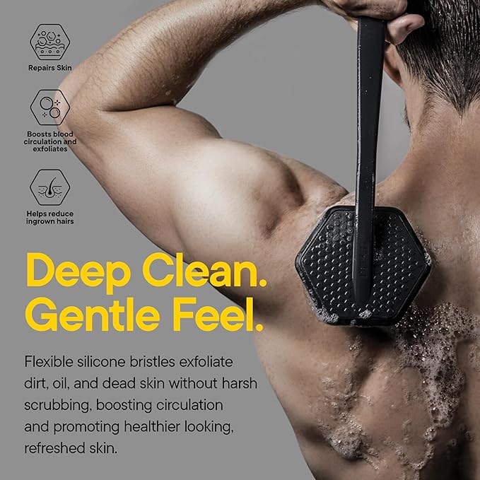TOOLETRIES Silicone Back Scrubber with Hook, Exfoliating Body & Bath Brush, Long Ergonomic Handle, Non-Slip Grip for Hard-to-Reach Areas, Hygienic Silicone Bath Accessory for Men & Women - Charcoal
