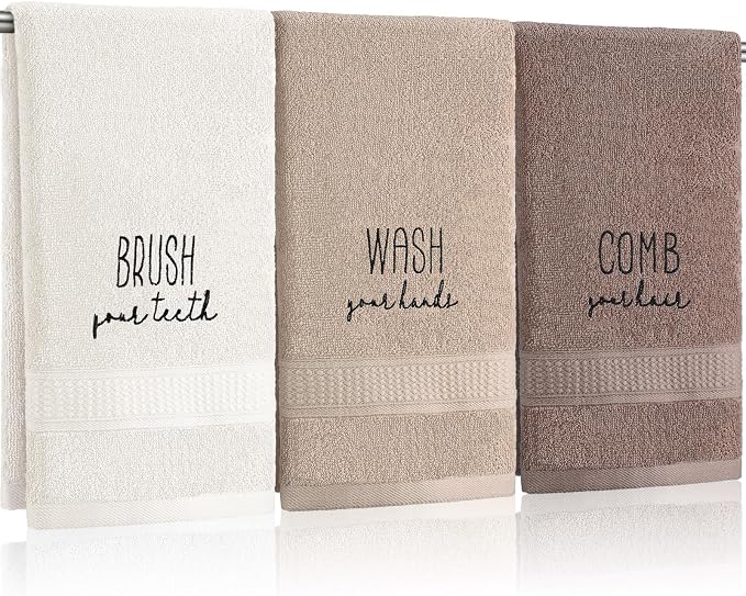 3 Pcs Hand Towels Bathroom Set,Brown,Brush Comb Wash | Embroidered Cotton Farmhouse Towels, Kitchen Decor, Rustic Boho Decorative with Text Labels, Guest Bath Home