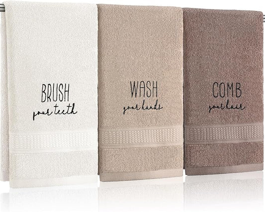 3 Pcs Hand Towels Bathroom Set,Brown,Brush Comb Wash | Embroidered Cotton Farmhouse Towels, Kitchen Decor, Rustic Boho Decorative with Text Labels, Guest Bath Home