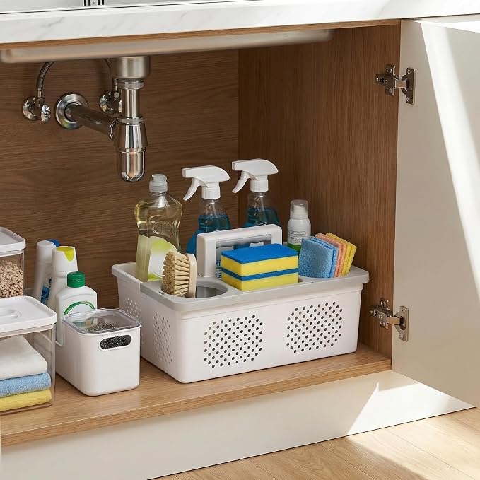 KMV Dorm Room Portable Shower Caddy with Adjustable Compartments - Ventilated Drainage Design with Handles, Perfect Toiletries Organizer for College Dorms-white