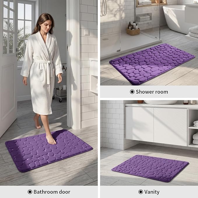 YIHOUSE Memory Foam Bath Mat Cobblestone Bathroom Rugs Super Water Absorbent Bath Mats for Bathroom Machine Washable Bath Rugs(20 x 32,Eggplant)