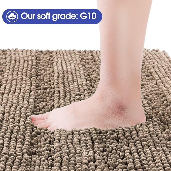 ACCUMTEK Striped Dark Beige Bathroom Rug Mat 32"x20" Ultra Soft, Non Slip Chenille Bath Rugs, Absorbent Plush Shaggy Bath Mats for Bathroom, Bedroom, Kitchen, Shower, Tub,Taupe