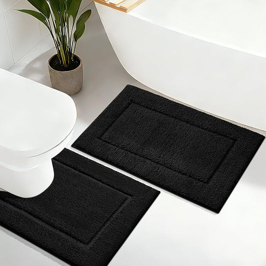 Bathroom Rugs Sets 2 Pieces, Ultra Soft Thick Plush Fluffy Microfiber Absorbent Bath Mat, Non-Slip Backing, Machine Washable Bath Mats for Bathroom, Tub and Shower (24"x17" + U Shape 24"x20", Black)