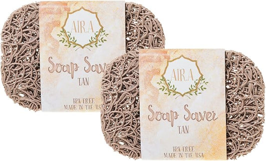 Aira Soap Saver - Soap Dish & Holder - BPA Free Shower & Bath Accessory - Drains Water, Circulates Air - Easy to Clean, Fits All Sets - Tan Double Pack