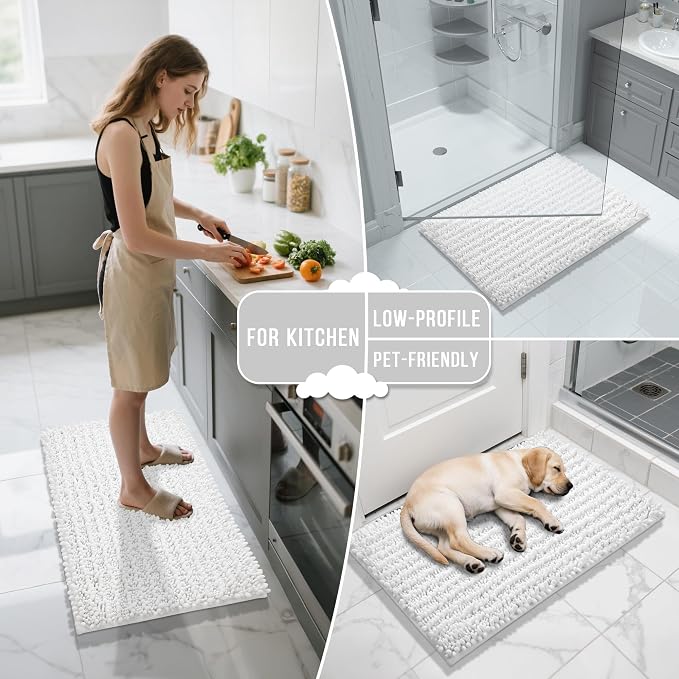 Yimobra Bathroom Rugs Sets 2 Piece - Quick Dry Extra Thick Luxury Chenille Bath Mat, Non Slip Super Absorbent for Tub Shower Sink, Machine Washable Shaggy Floor Mat, 24"x17+24"x20" Inch, White