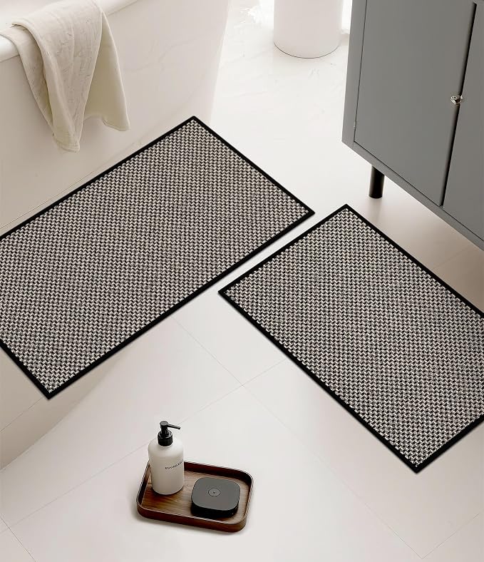 YIHOUSE Thin Bath Mat Black Bathroom Rugs Sets 2 Pieces, Non Slip Absorbent Mats Quick Dry, Woven Rugs Washable, Tapetes para Baño for Bathroom Toliet,Bathtub(17"x24"+17"x32")