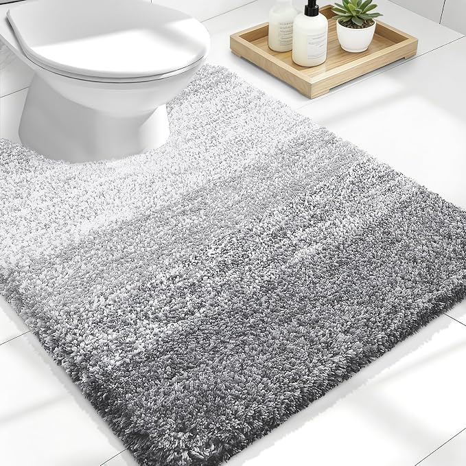 OLANLY Luxury Toilet Rugs U-Shaped 24x20, Soft Absorbent Microfiber Mat | Light Grey, Non-Slip Quick-Drying Rubber Backing, Washable Plush Contour Bath Mat for Toilet Base, Home Decor Accessories