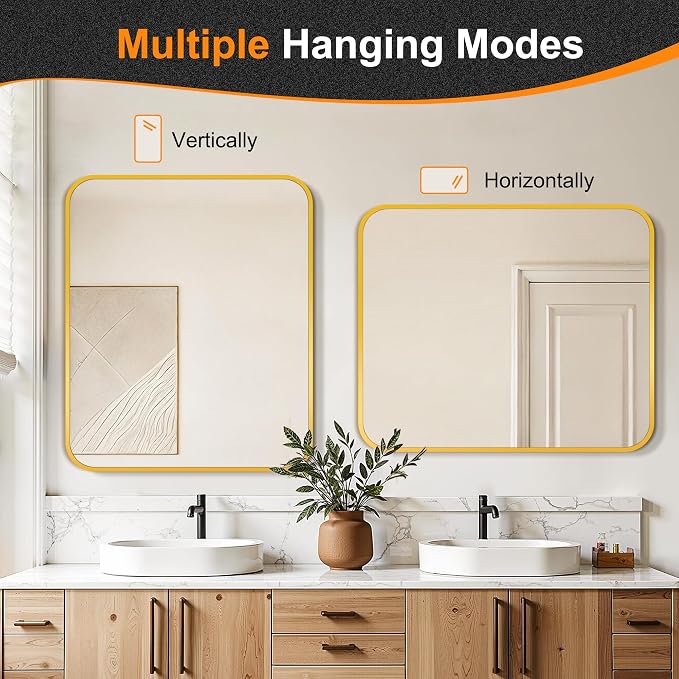 Delma Bathroom Vanity Mirror, Gold Framed Mirror for Over Sink, 36x30 | HD glass, distortion-free for makeup and grooming, Sturdy frame, all mounting hardware, hangs horizontal or vertical