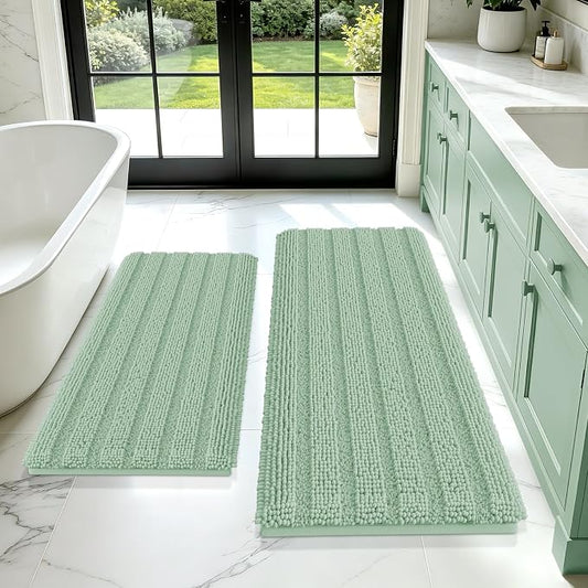 Christmas Striped Sage Green Bathroom Rug Mat Set 2 piece 24"x17"+48"x20" Ultra Soft, Non Slip Chenille Bath Rugs, Absorbent Plush Shaggy Bath Mats for Bathroom, Bedroom, Kitchen, Shower, Tub