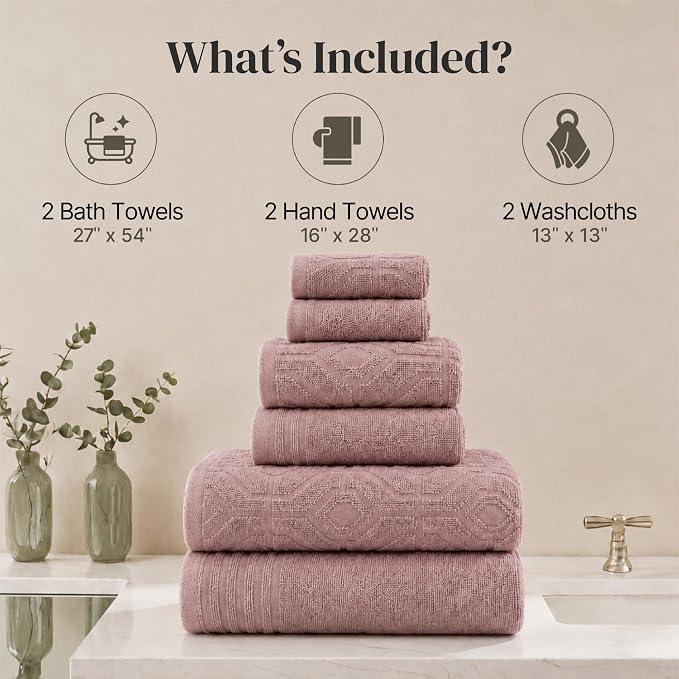 Modern Threads 6 Piece Cotton Bath Towel Set – Ultra Soft 550 GSM Towels – Bathroom Set with Hand Towels and Washcloths – Geometric (Blush)