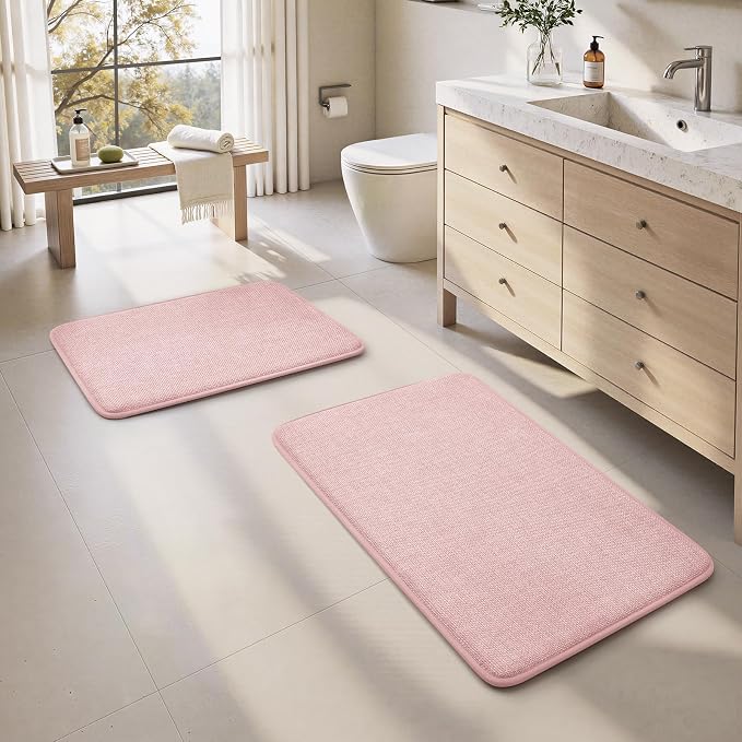 HOMEIDEAS Memory Foam Bathroom Rugs Set of 2, Pink 24"x17"+32"x20" | Ultra Absorbent Quick Dry Bath Mats with Non Slip PVC Backing, Machine Washable, Ideal for Bath Floor, Shower and Tub