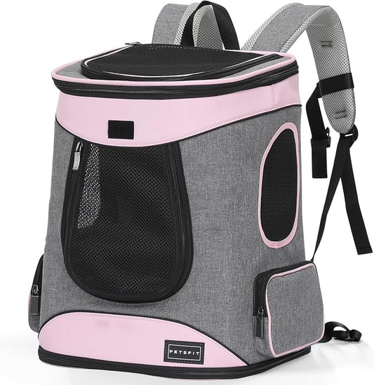 Petsfit Dog and Cat Backpack Carrier, Padded Waist Support, Up to 18 lb | 13.5 x 12.5 x 17.5 in; reinforced frame, 600D Oxford, 4 mesh panels, lockable zippers, safety tether and washable mat.