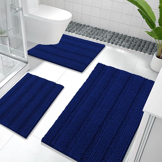 OLANLY Thick Chenille Bathroom Rugs Sets 3 Piece, 36"x24"+24"x16"+24"x20" | Navy, Absorbent Striped Bath Mats and U-Shaped Contour Toilet Rug, Home Decor Accessories, Bath Mat Set for Bathroom