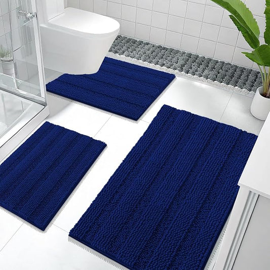 OLANLY Thick Chenille Bathroom Rugs Sets 3 Piece, 36"x24"+24"x16"+24"x20" | Navy, Absorbent Striped Bath Mats and U-Shaped Contour Toilet Rug, Home Decor Accessories, Bath Mat Set for Bathroom