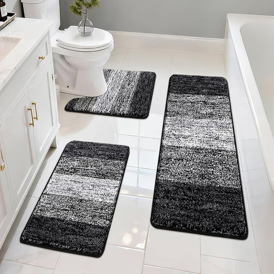 Pauwer 3 Piece Bathroom Rug Set, Microfiber Non Slip Bath Mats, Black | Machine Washable, Quick Dry, Ultra Absorbent Floor Carpet, Plush Shower Rugs, U-Shaped Contour Toilet Mat