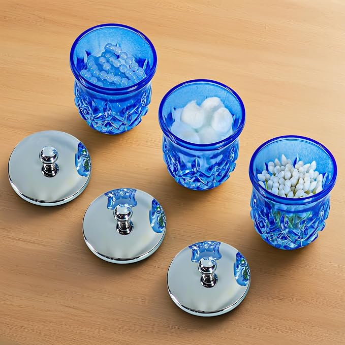 10Oz Blue Glass Q-Tip Holder, Thick Glass & Silver Lid | Round Design, for Q-Tips, Cotton Pads, Jewelry, Candy, Square