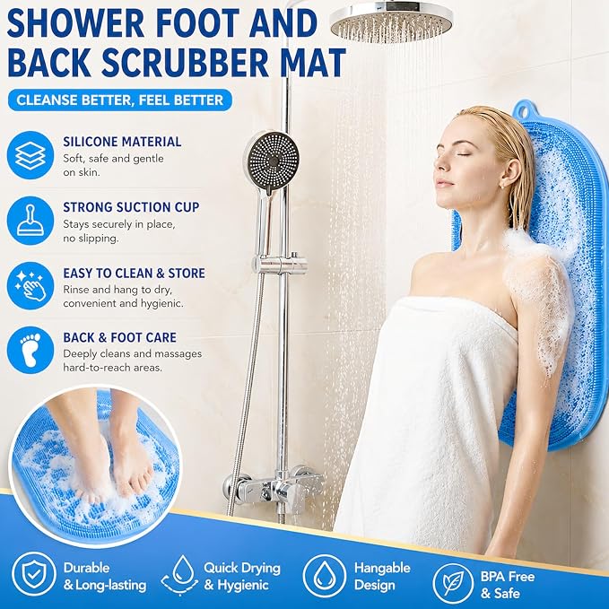 21.3" Silicone Foot & Back Scrubber Mat, Non-Slip Suction Cups Blue | Strong Suction Cups, Non-Slip,Large, Silicone, Easy-Clean, Hangable