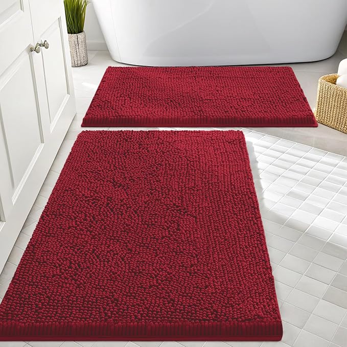 Smiry Chenille Bathroom Rugs Sets 2 Piece (30x20+24x16, Red) | Soft Absorbent Machine Washable Non Slip Shaggy Bath Rug Set for Tub, Shower, and Floor, Home Decor