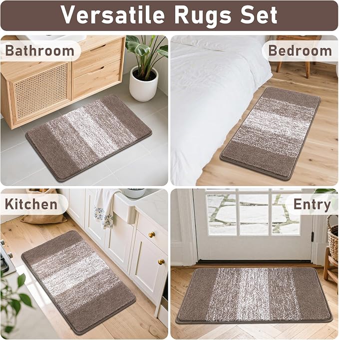 Bsmathom Bathroom Rug Set 4 Piece, Plush Microfiber Bath Mat, Coffee | Extra Water Absorbent, Non Slip Washable Runner Bath Rugs with Toilet Lid Cover and U-shaped Contour Toilet Mat