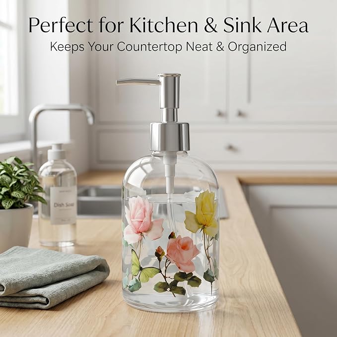 Topadorn Hand and Dish Soap Dispenser Set, 2 Pack 17oz Glass Soap Dispensers with Pump, Refillable Kitchen Soap Bottles, Coordinated Floral Bathroom Counter Decor