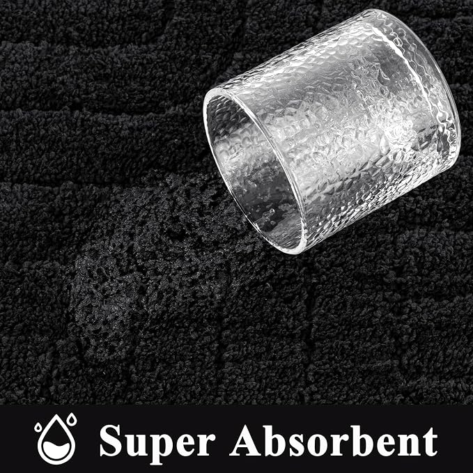 Vaukki Black Bathroom Rugs Sets 3 Piece, 32x20+26x18+24x20 Inch | Washable Non Slip Soft Bath Mats for Shower and Tub, Plush Absorbent Microfiber Toilet Rug U Shaped