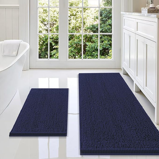 Smiry Chenille Bathroom Rugs Sets 2 Piece (59x20+24x16, Navy Blue) | Soft Absorbent Machine Washable Non Slip Shaggy Bath Rug Set for Tub, Shower, and Floor, Home Decor