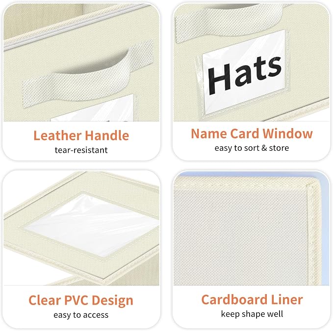Aokeyee Hat Organizer for Baseball Caps - 2PCS Stackable Storage with Clear Window Lid, Flip-Top Access, Space-Saving Hat Box for Closet, Breathable Fabric (beige)