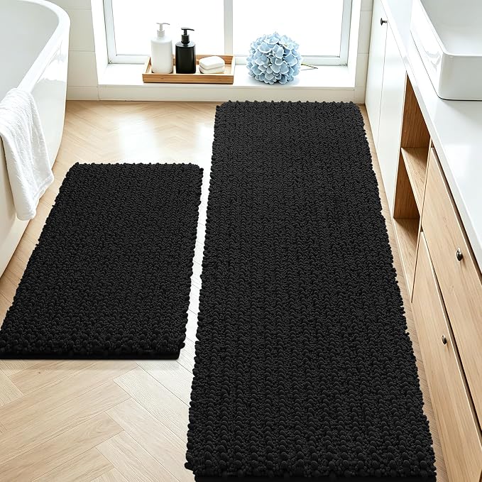 ACCUMTEK Upgrade Luxury 2 Piece Black Toilet Bathroom Rug Mat 60"x20"+32"x20", Ultra Soft Thick Absorbent Bath Mats, Non Slip Chenille Toilet Mat for Bathroom, Bedroom, Kitchen, Shower, Tub