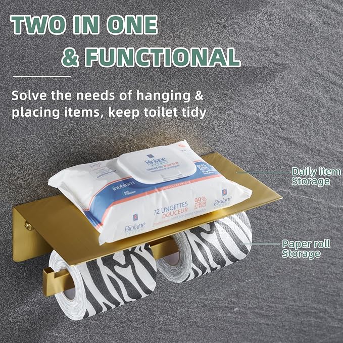 APLusee Brushed Dark Gold Double Toilet Paper Holder with Shelf, Heavy Duty 304 Stainless Steel Tissue Holder for Bathroom with Storage, Commercial Paper Roll Dispenser Wall Mounted