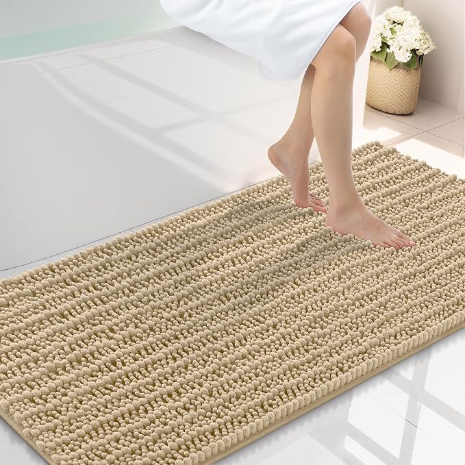 Smiry Bathroom Rugs 47X24, Extra Soft Rubber Backing Chenille Bath Mats | Beige Machine Washable Non Slip Quick Dry Bath Mats for Bathroom Floor, Tub, Shower, Home Decor Accessories