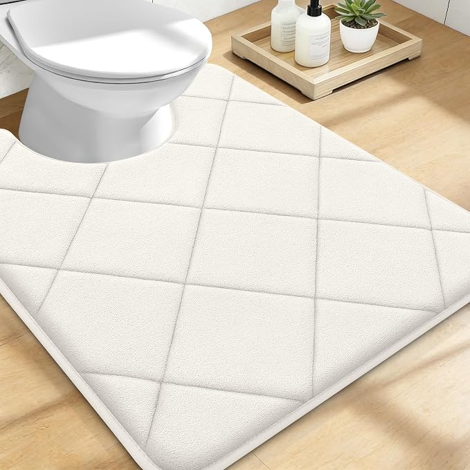 OLANLY Memory Foam Toilet Rugs U-Shaped 24x20, Ultra Soft and Absorbent | Ivory, Quick Dry Commode Contour Rugs, Machine Washable, Comfortable Bathroom Contour Bath Mats for Toilet Base