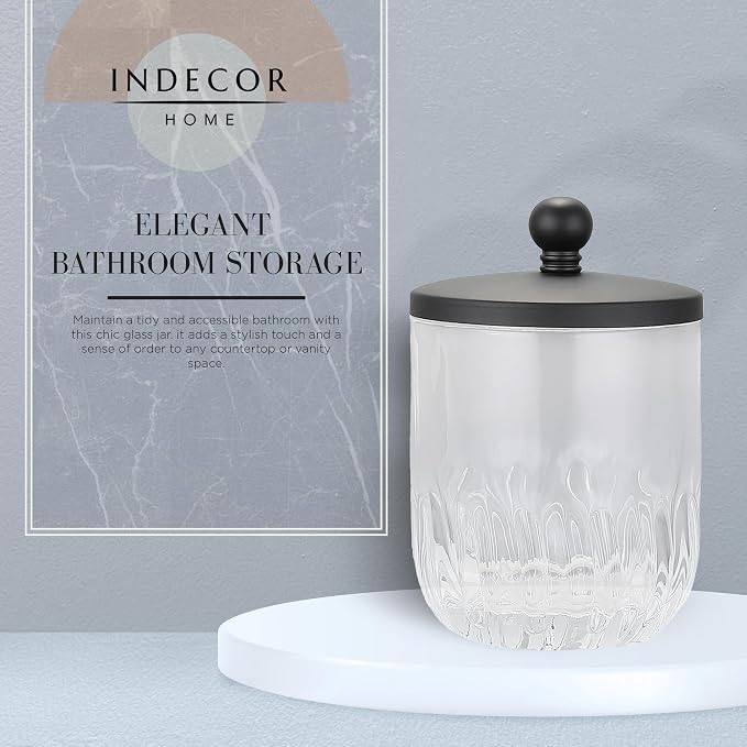 Glass Jar with Metal Lid for Bathroom Organization, Clear Apothecary Jar for Cotton Balls, Q Tips, and Small Accessories, Stylish Bathroom Storage Container Black