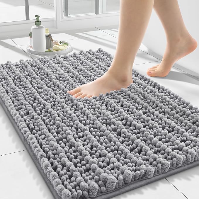 Smiry Bathroom Rugs 24X16, Extra Soft Rubber Backing Chenille Bath Mats | Grey Machine Washable Non Slip Quick Dry Bath Mats for Bathroom Floor, Tub, Shower, Home Decor Accessories