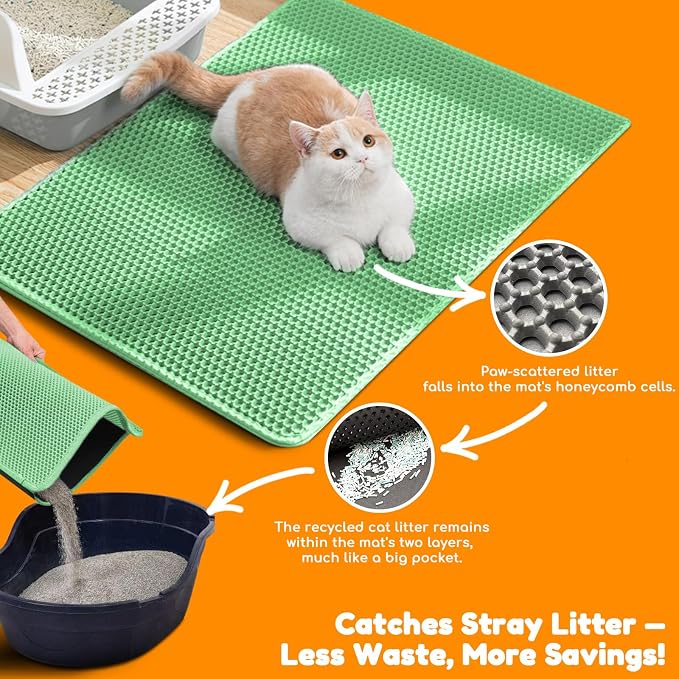 Cat Litter Mat 35"x24",Double Layer EVA Litterbox Mat Green | Extra Large Honeycomb, Waterproof & non-slip, Odor-free, easy clean, washable durable floor protector,scatter control