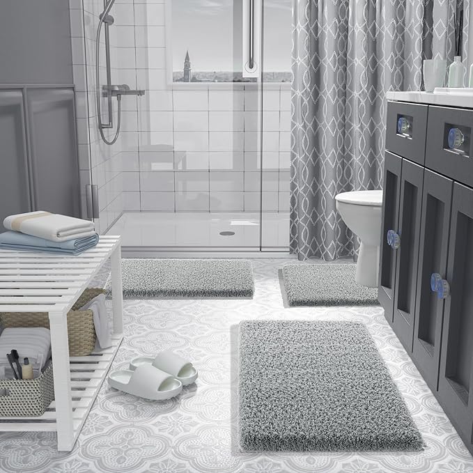 Yimobra Bath Rugs for Bathroom 32X20, Ultra Soft and Water Absorbent Bath Mats, Non Slip Plush Shower Rugs, Microfiber Thick Matts for Bathroom Floor/Tub, Machine Washable, Pure Gray