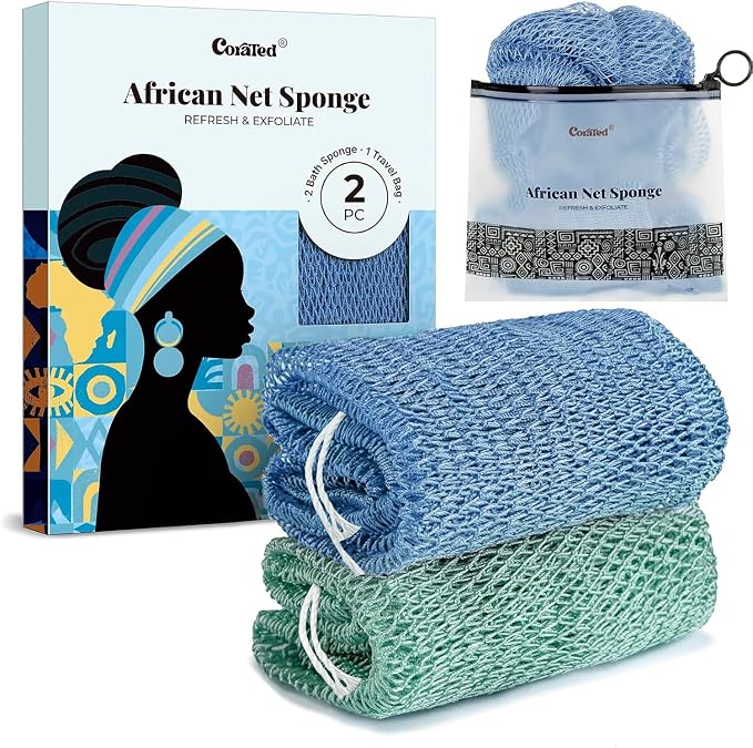CORATED African Net Sponge with Knots Authentic, Shower Loofah Bath Sponge | Exfoliating Body Scrubber for Women Daily Use Body Care, Travel Portable Bath Accessories for Bathroom