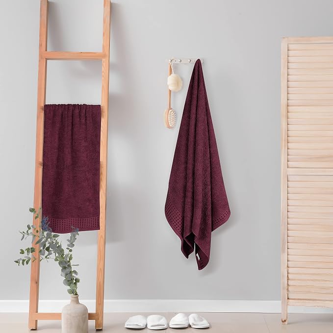 GLAMBURG 100% Cotton 2 Pack Oversized Bath Towel Set 28x55 Inches, Ultra Soft Highly Absorbant Compact Quickdry & Lightweight Large Bath Towels, Ideal for Gym Travel Camp Pool - Burgundy
