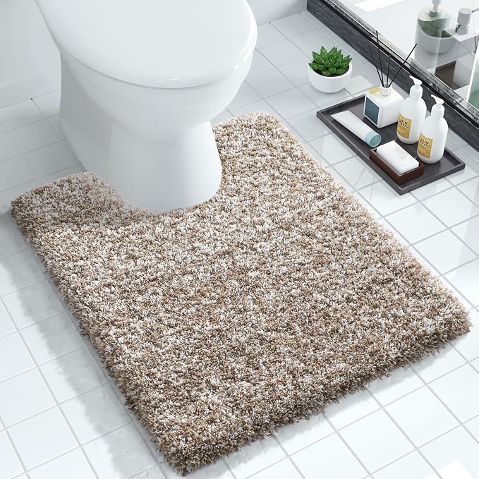 Yimobra Toilet Rugs U Shaped Washable 24X20, Ultra Soft and Water Absorbent Bath Mats, Non Slip Fluffy Shaggy Luxury Microfiber Contour Bath Rugs for Toilet, Dry Quick, Light Brown and White
