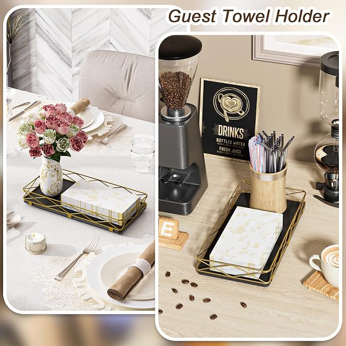 Lixple Toilet Paper Basket Holder, 13" Toilet Tank Tray, Wood and Metal Toilet Tray Vanity Organizer Bathroom Tray, Kitchen Sink Organizer for Soap Dispenser (Black + Gold)