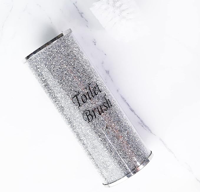 Lmaray Silver Crushed Crystal Toilet Brush Holder, Bling Toilet Brush Holder for Home Toilet Bowl Cleaner Brush Bathroom Scrub Brush, 10.2" Height
