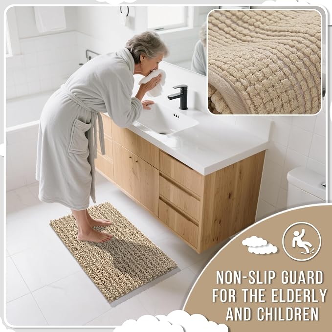 Yimobra Bathroom Rugs Sets 2 Piece - Quick Dry Extra Thick Luxury Chenille Bath Mat, Non Slip Super Absorbent for Tub Shower Sink, Machine Washable Shaggy Floor Mat, 32"x20"+24"x17" Inch, Pale Khaki