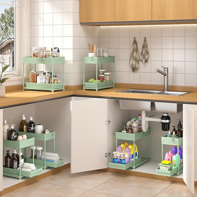 Sevenblue Under Sink Organizer, Bathroom Organizers and Storage, 2 Tier Multi-Use Pull Out Cabinet Organizer with Hang Hooks and Cups (Green, 12.8 Inch)