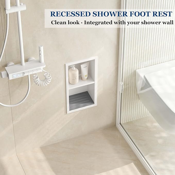 Neodrain Shower Foot Rest for Shaving Legs, 304 Stainless Steel Shower Niche, Recessed Shower Step for Shaving Legs,Niche for Shower Wall, Bathroom Foot Rest (White, 12.3"x 6")