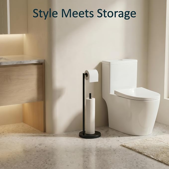 FORIOUS Toilet Paper Holder Stand with Storage for 4 Rolls, Matte Black | Modern Freestanding SUS 304 Stainless Steel Bathroom Tissue Roll Organizer with Heavy Anti-Slip Weighted Base